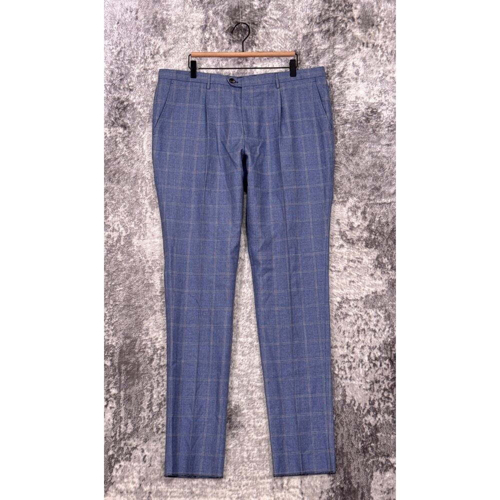 Etro Dress Pants 56 / US 38 Mens Blue Plaid Wool Linen Blend Slim Leg